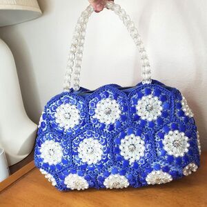 VTG Handmade Beaded Purse Blue White Flowers Hand Bag Spring Summer Retro Unique